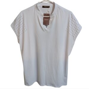 Felizou women's Short sleeve sport shirt v-neck golf polo top XL white w-168